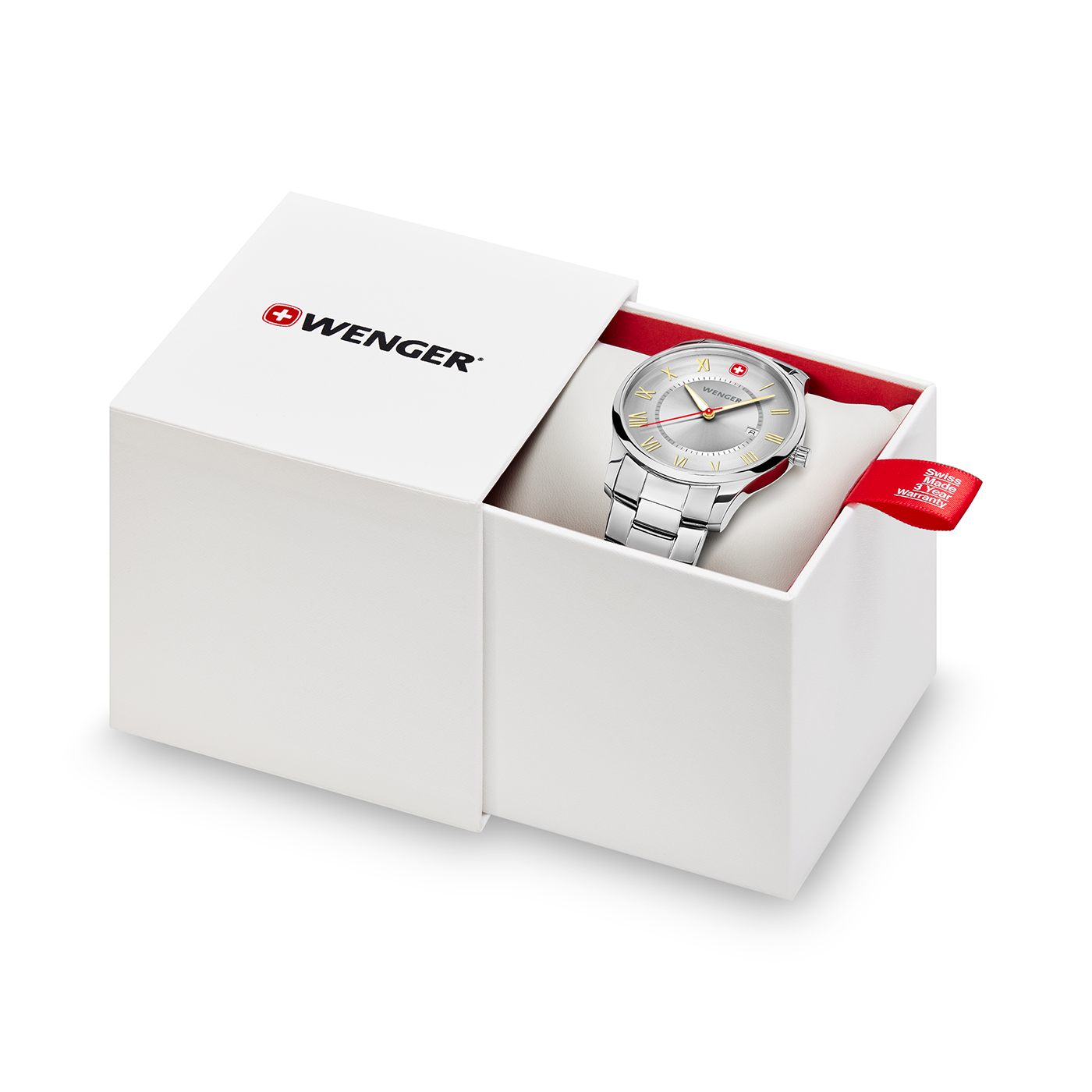 Wenger watch in a white box with red lining and warranty tag