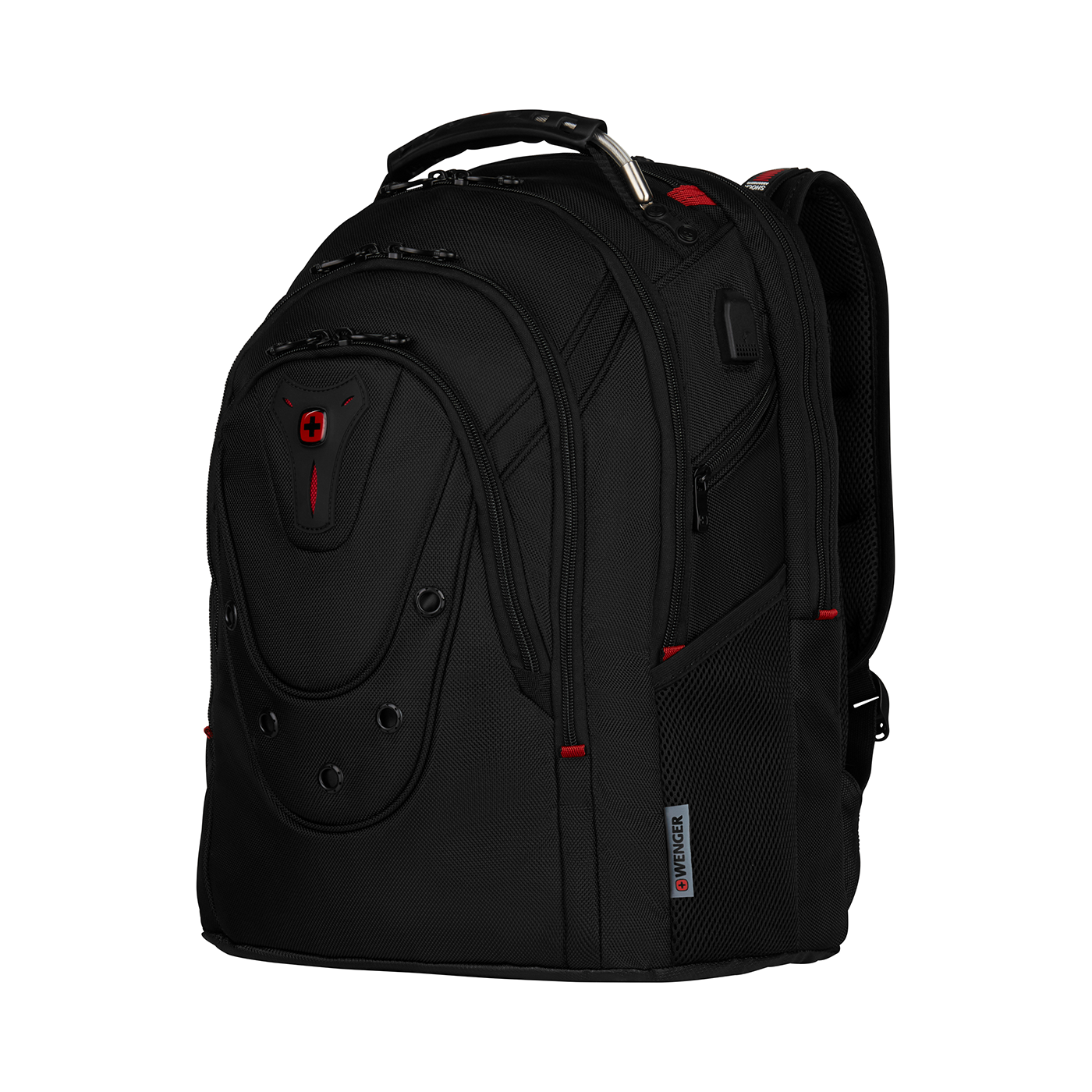 Black backpack with red accents and Wenger logo isolated on black background.