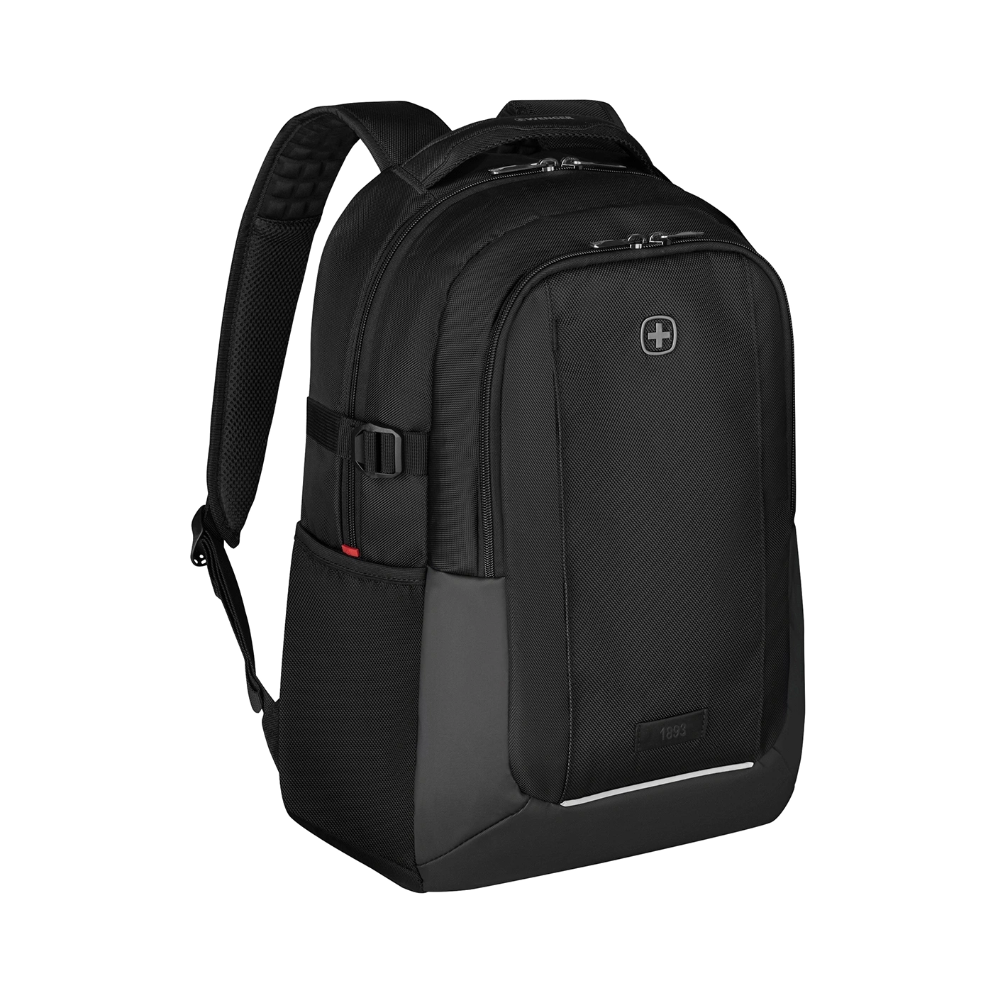 Black backpack with logo and zipper, perfect for everyday use and carrying essentials.