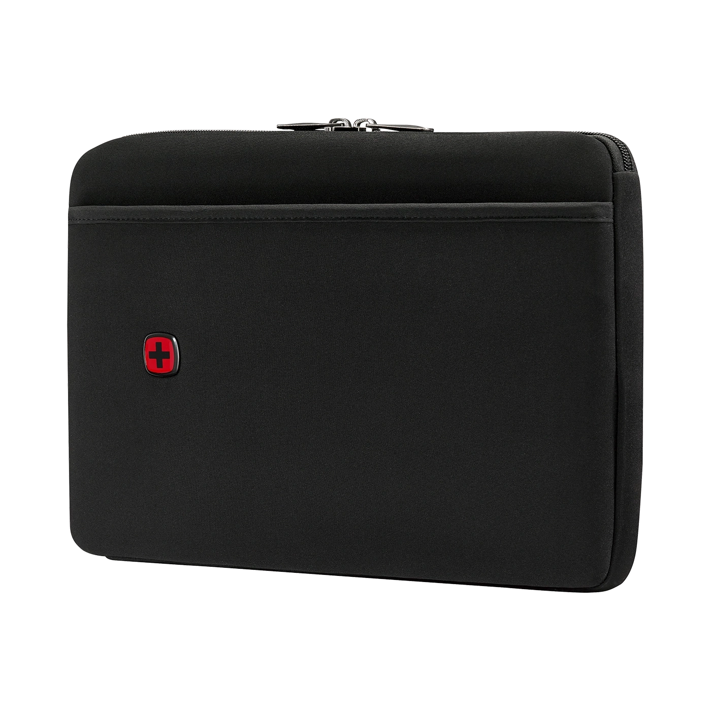Black laptop sleeve with zipper and red logo, Wenger brand, for computer protection.