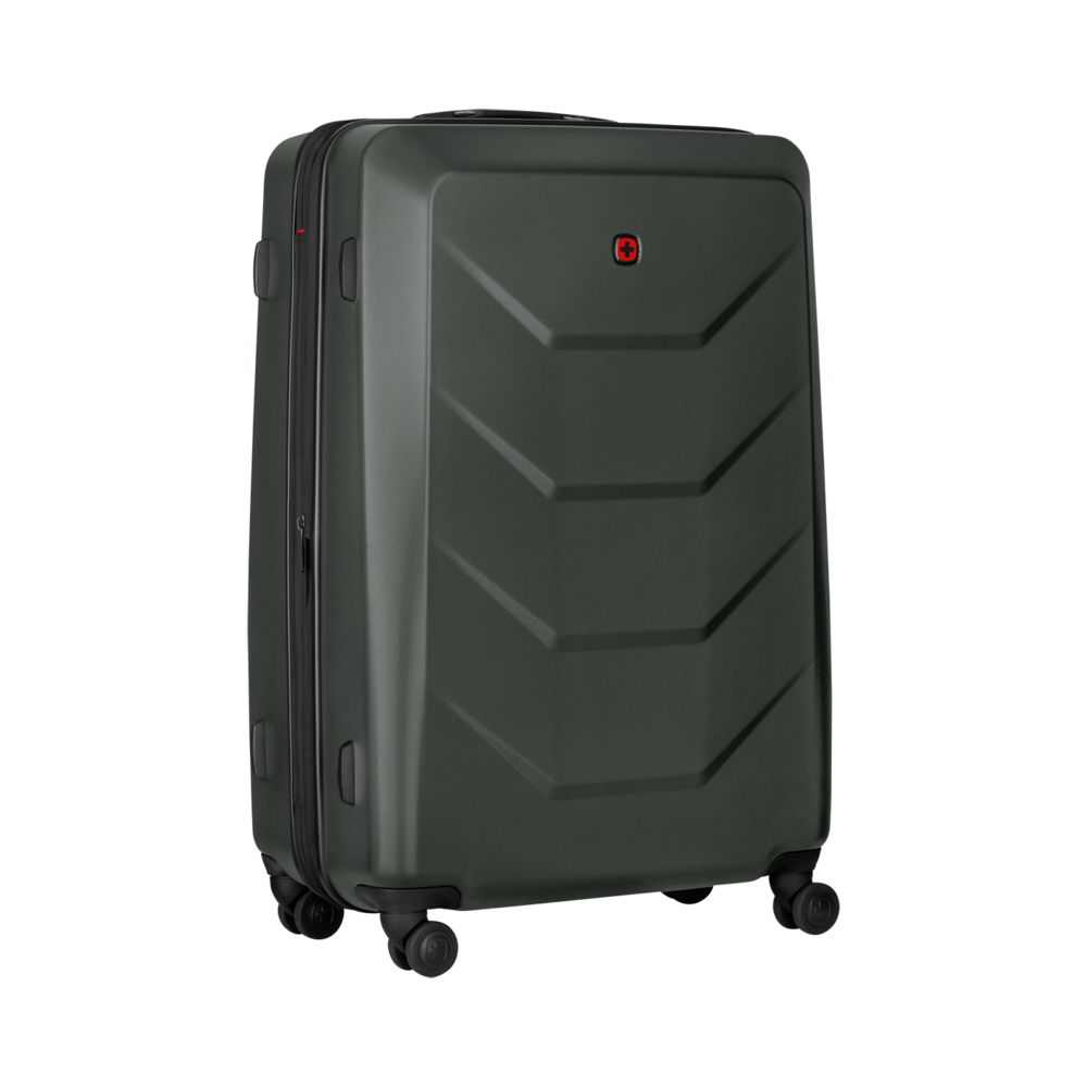 Dark green suitcase with red logo and black zipper, ready for travel.