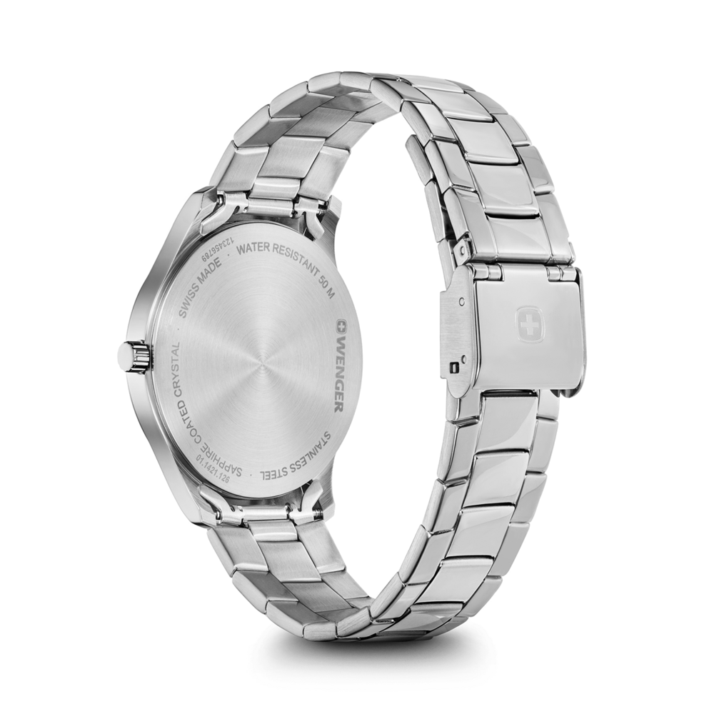 Wenger watch, stainless steel, sapphire crystal, water resistant, Swiss made, detail shot, black background.