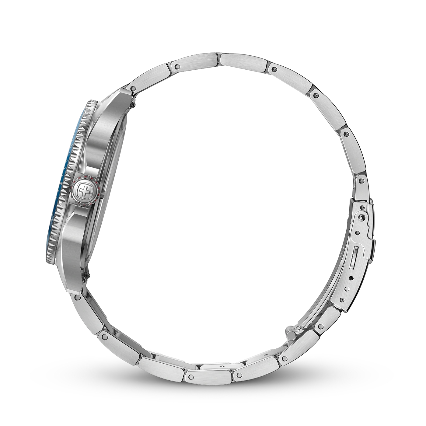 Silver watch with bracelet, side view, black background, close-up detail shot