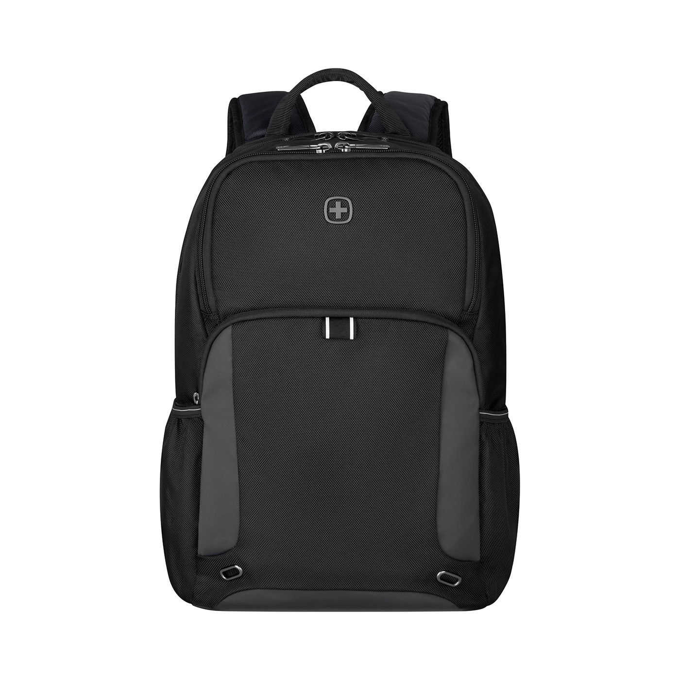 Black backpack with Swiss cross logo on a black background, modern design.