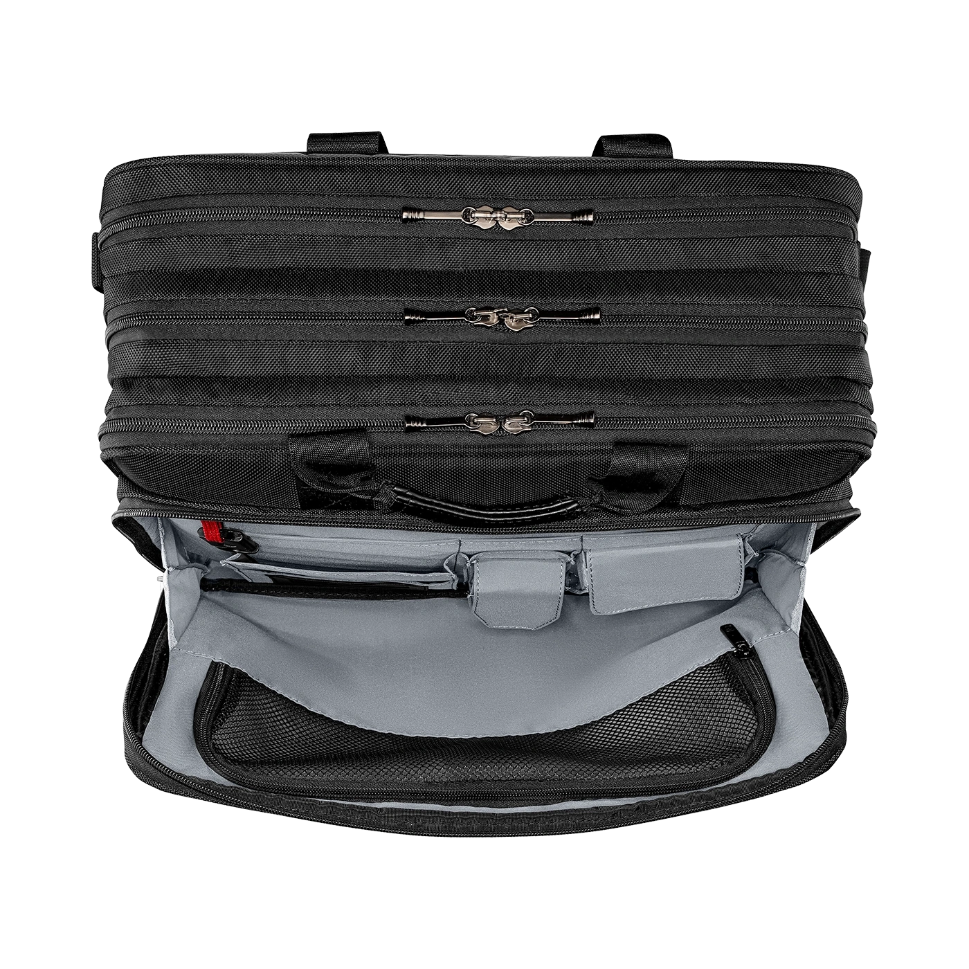 Black briefcase with multiple compartments and zippers, open for display