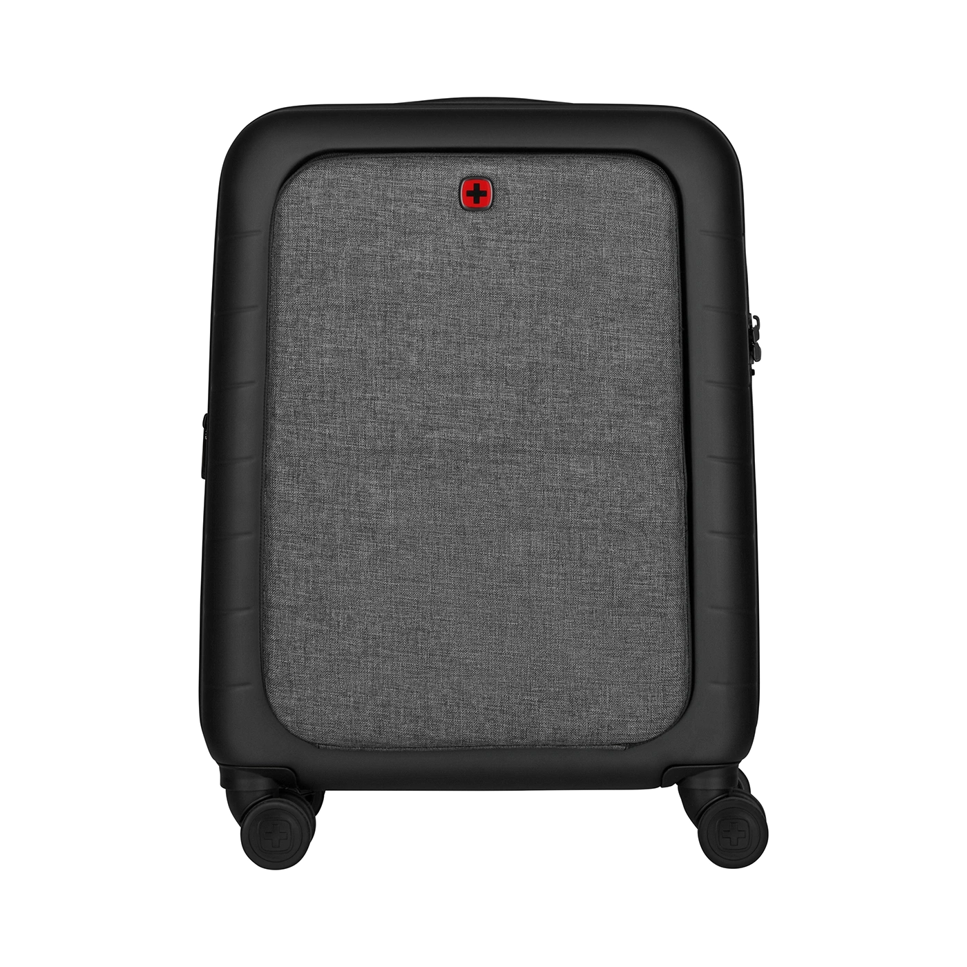Black suitcase with gray texture and red logo on a black background.