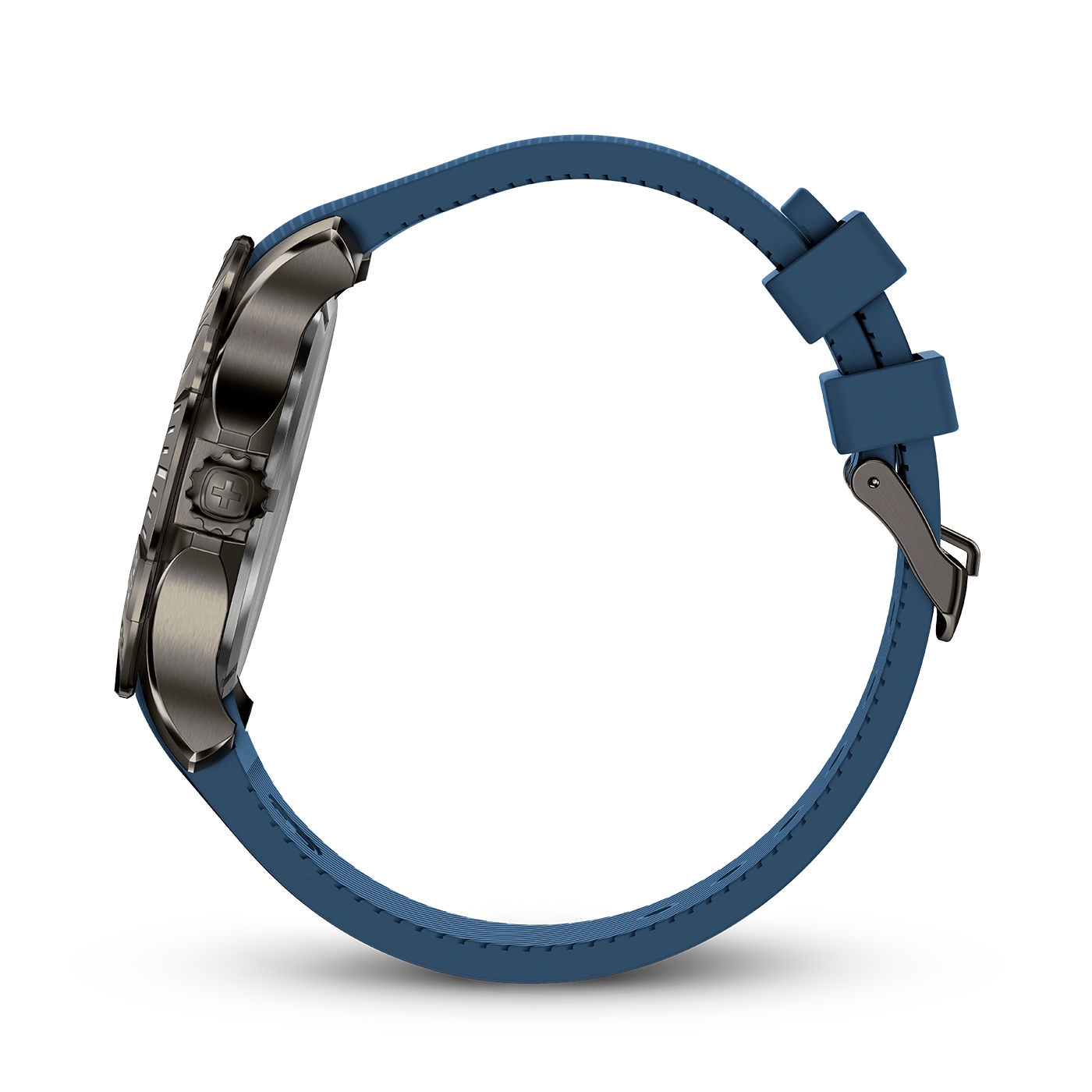 Blue watch with blue strap, side view, close-up, modern design, detail