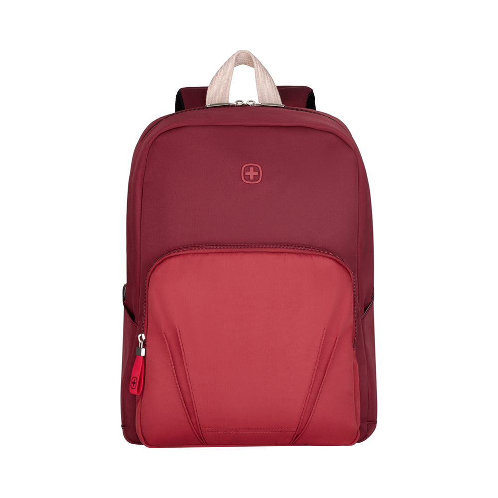 Red backpack with white handle and logo on a black background.