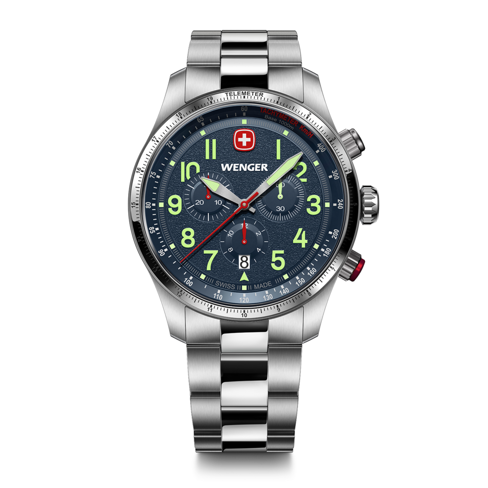 Wenger watch, blue dial, silver bracelet, chronograph, Swiss watch, date display