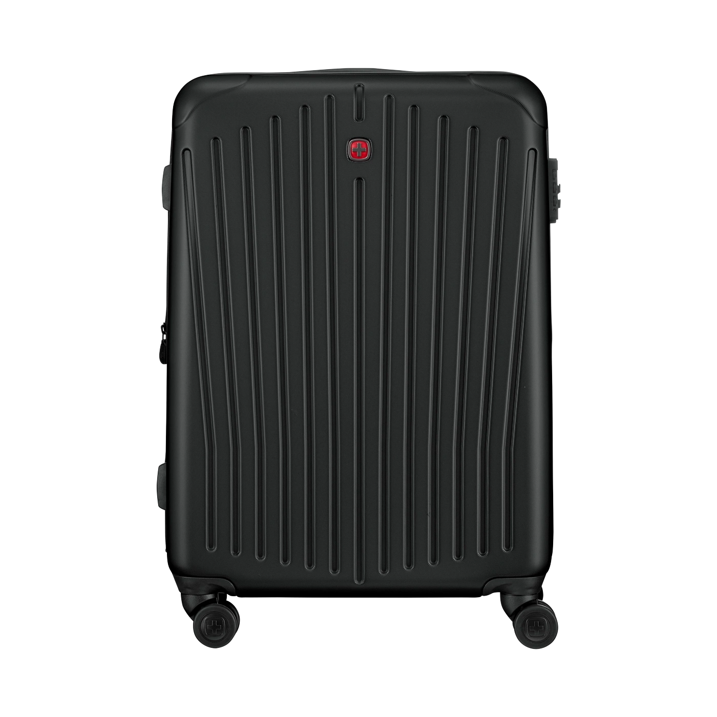 Black suitcase with vertical lines and wheels, isolated on white background