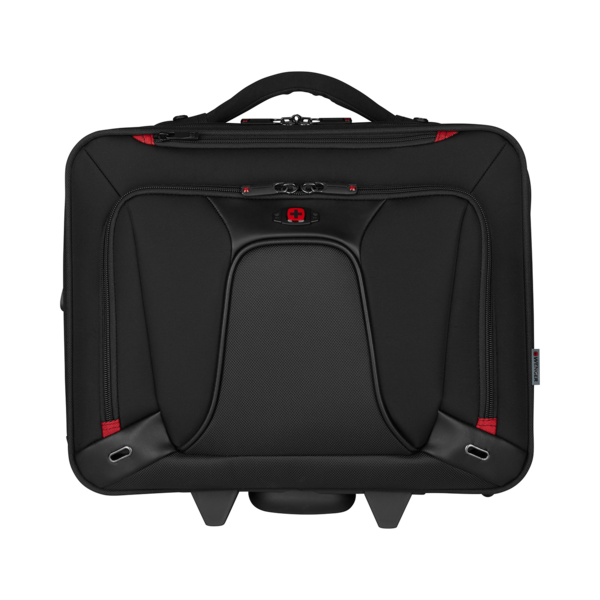 Black suitcase with red accents and wheels, seen from above, isolated.