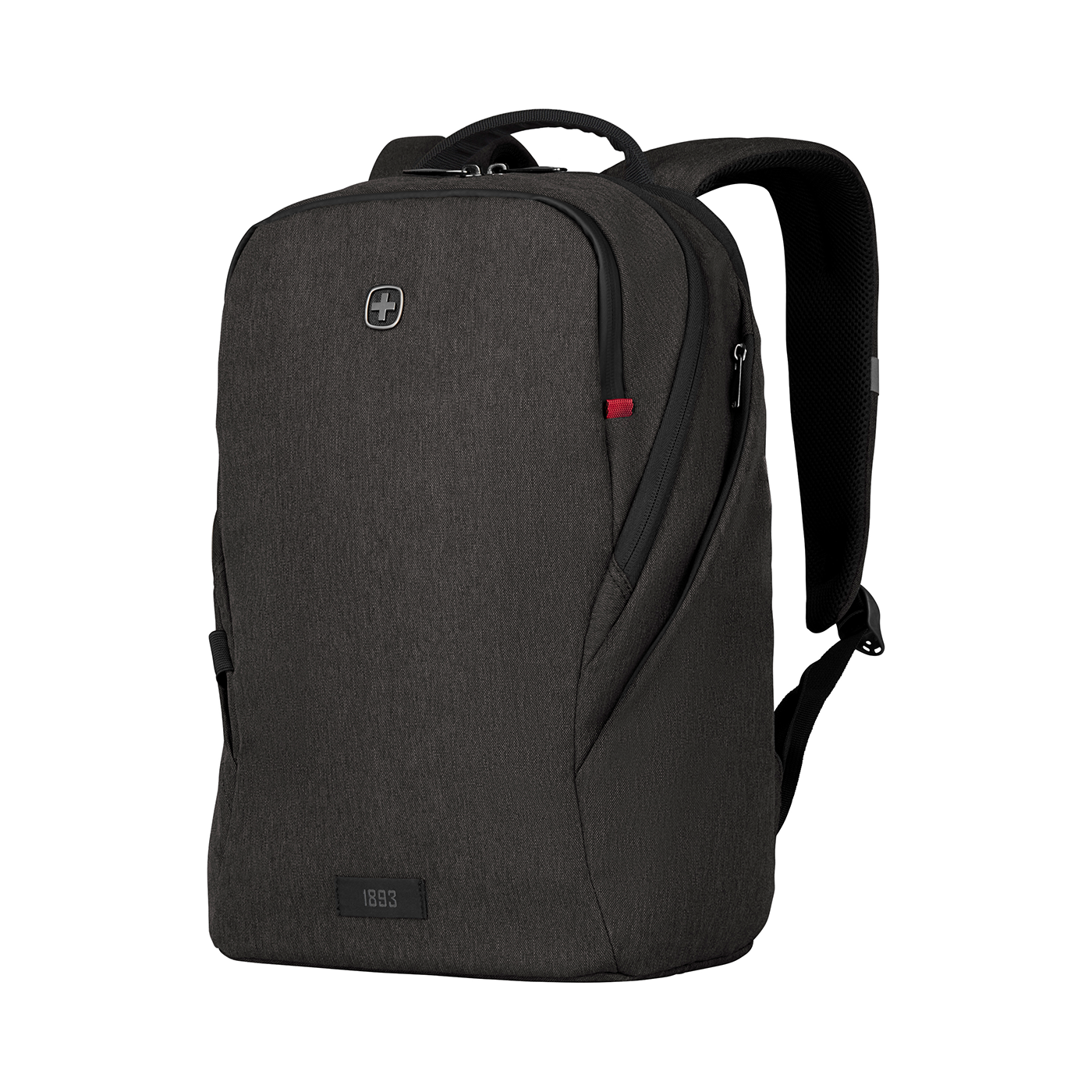 Dark gray backpack with Swiss cross logo and multiple zippers