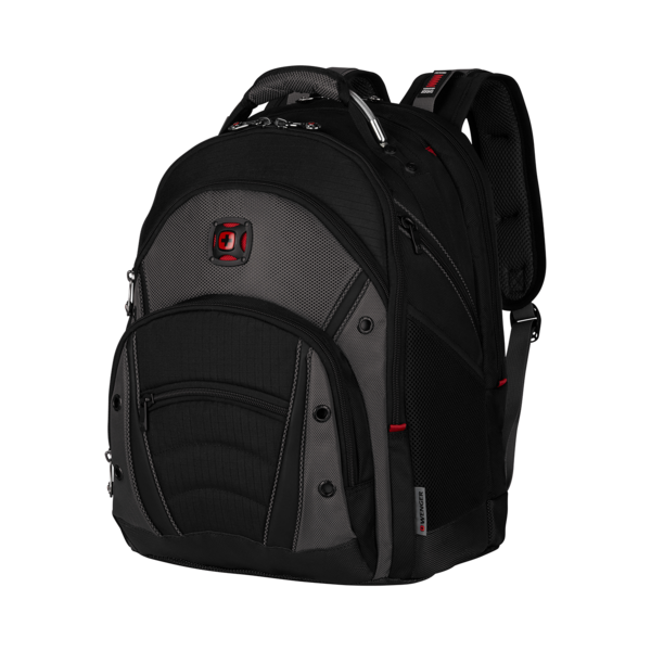 Black backpack with gray pattern and red accent, Wenger brand, on black background.