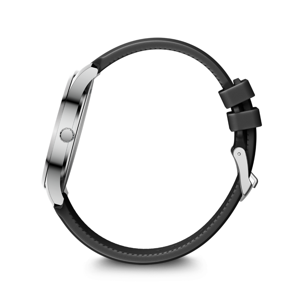 A wristwatch with a silver case and a black leather strap, lying on a white background with a shadow.