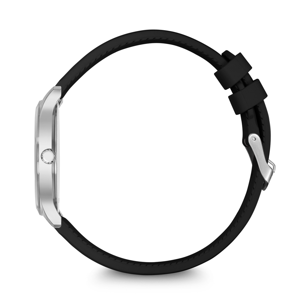 Watch with black strap, side view, silver case, black background