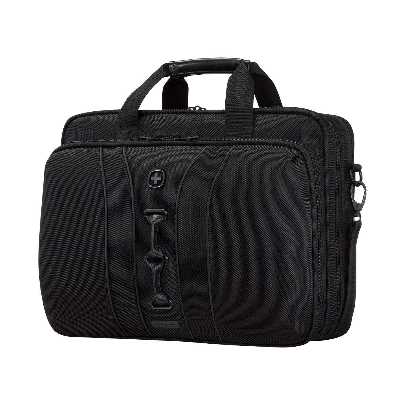 Black briefcase with handles and logo isolated on white background.