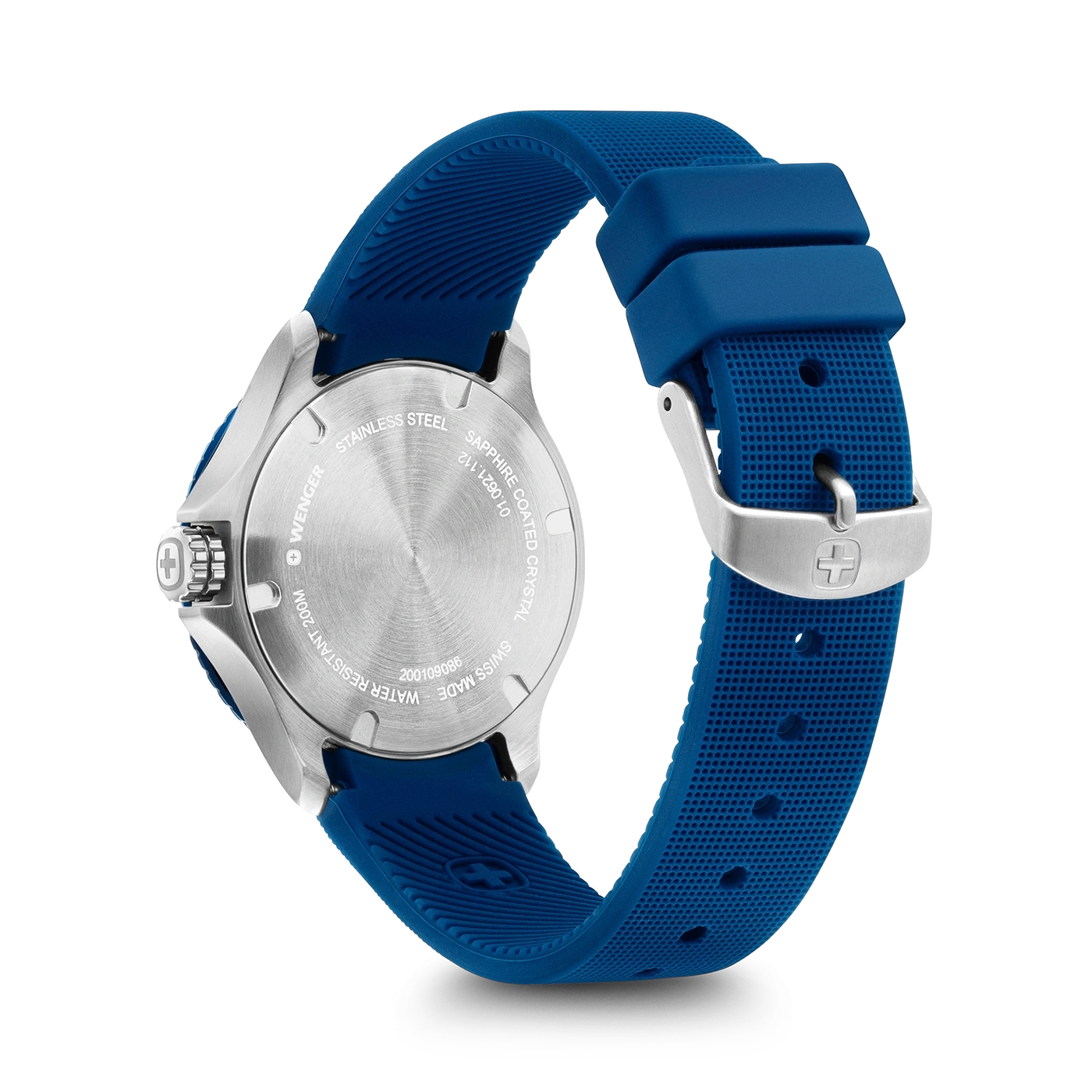 Wenger watch, stainless steel, blue strap, waterproof, Swiss made, detail shot, close-up