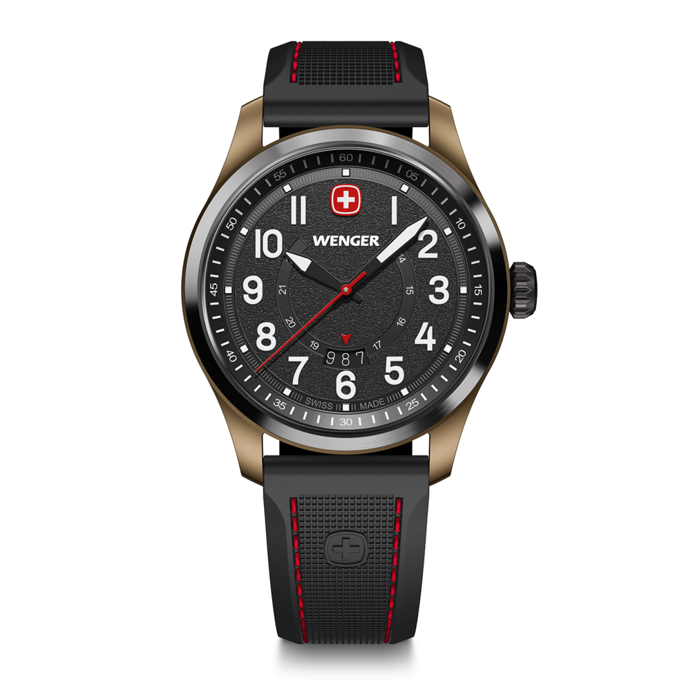Wenger watch with black dial, red accents, gold case, and black strap. Swiss made.