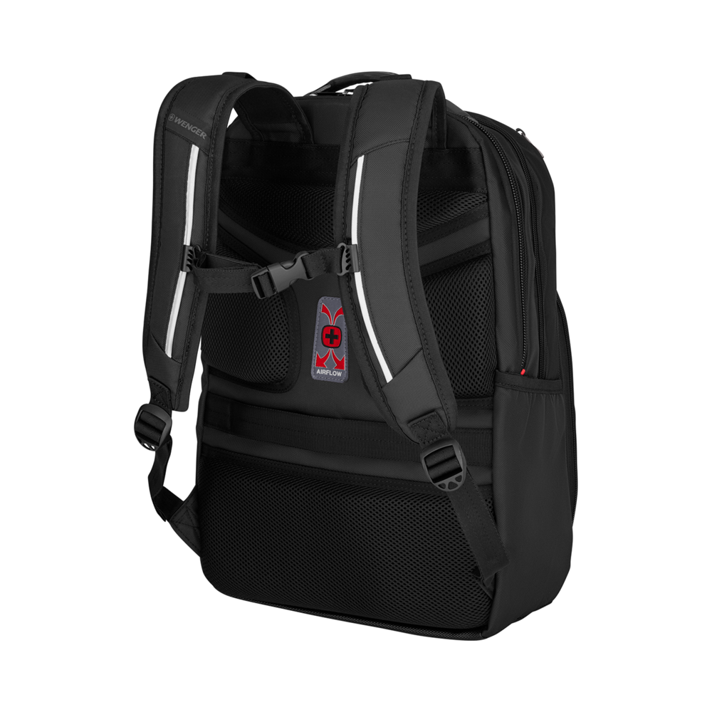 Black Wenger backpack with Airflow system and reflective stripes on straps.