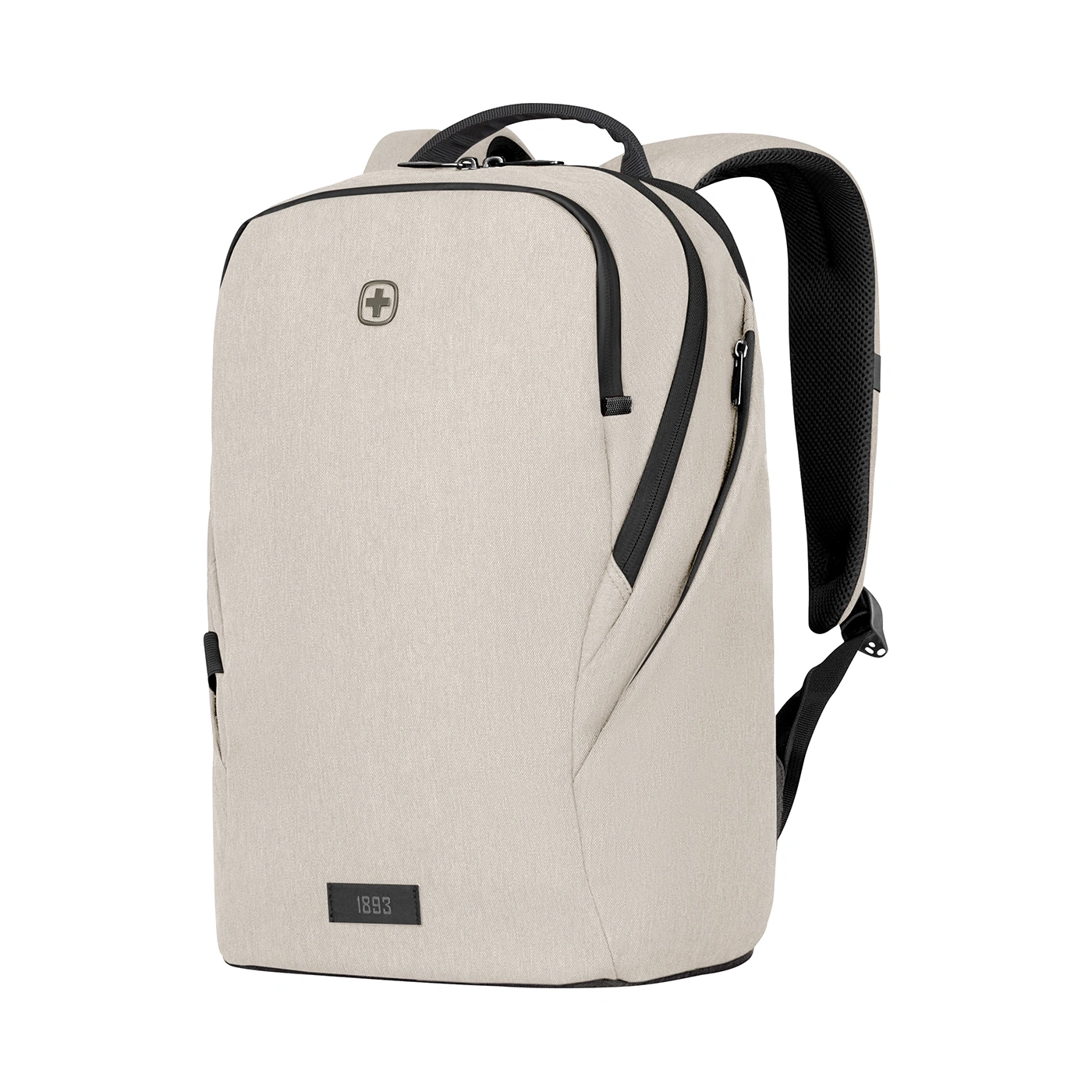 Beige backpack with black zipper and logo isolated on white background