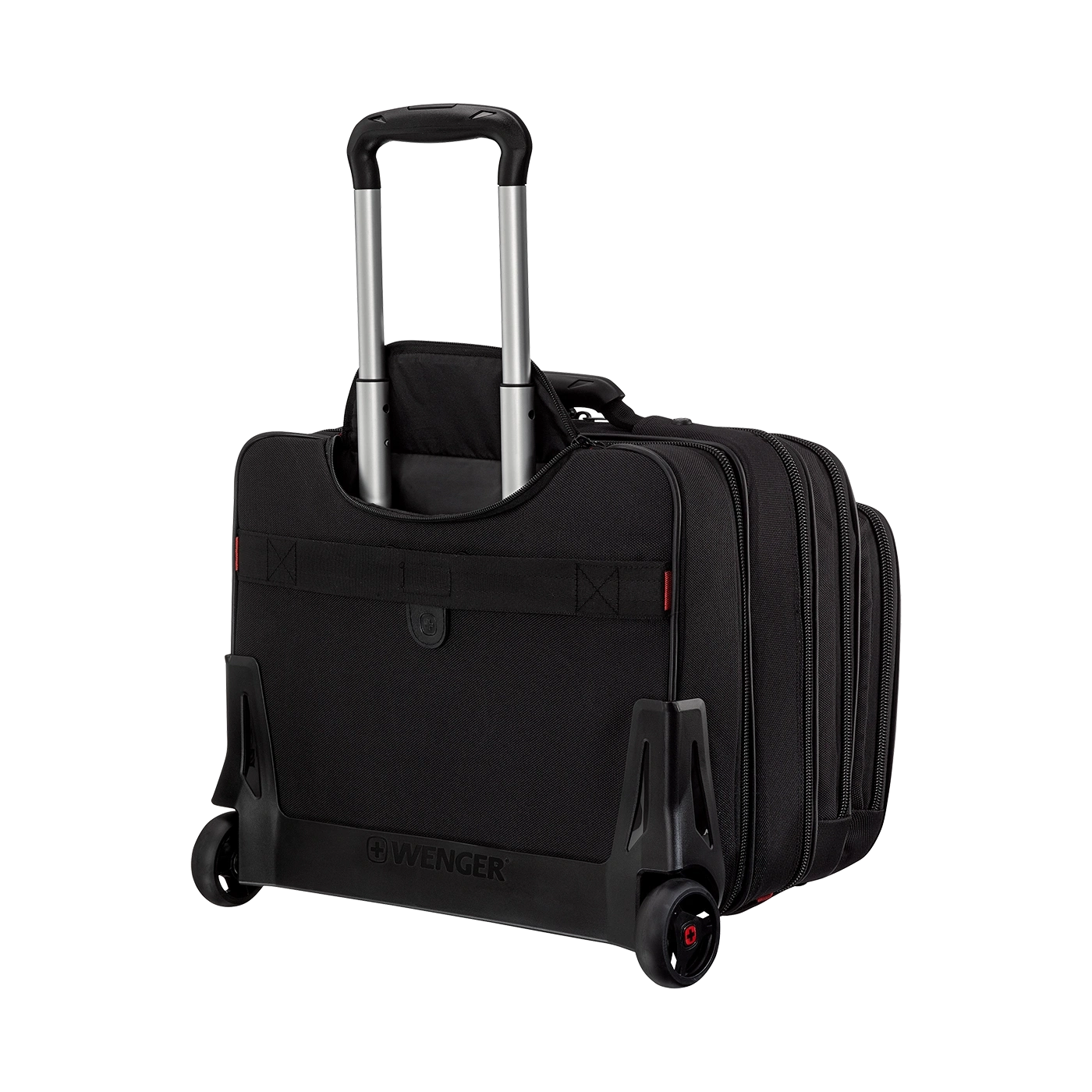 Black rolling suitcase with handle and wheels, brand Wenger, for travel