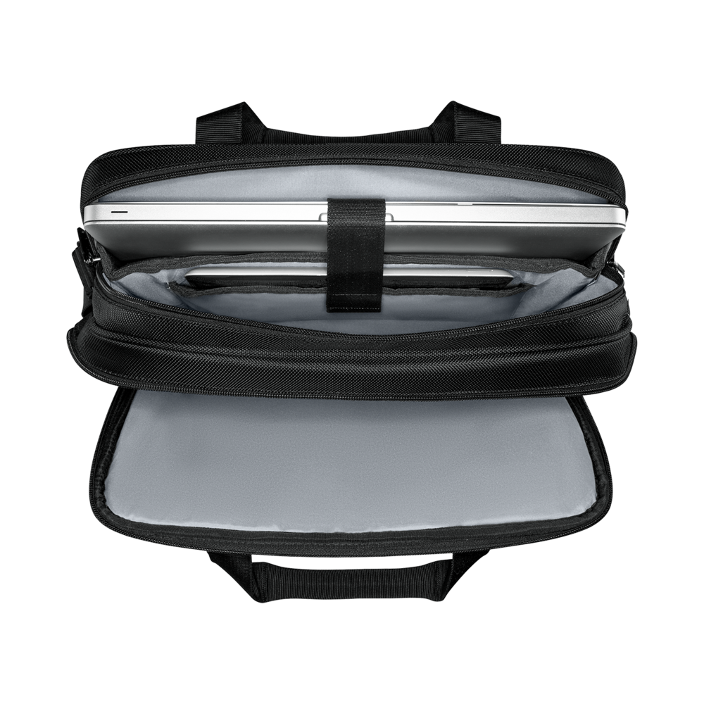 Black laptop bag, open, with laptop inside, and gray interior.