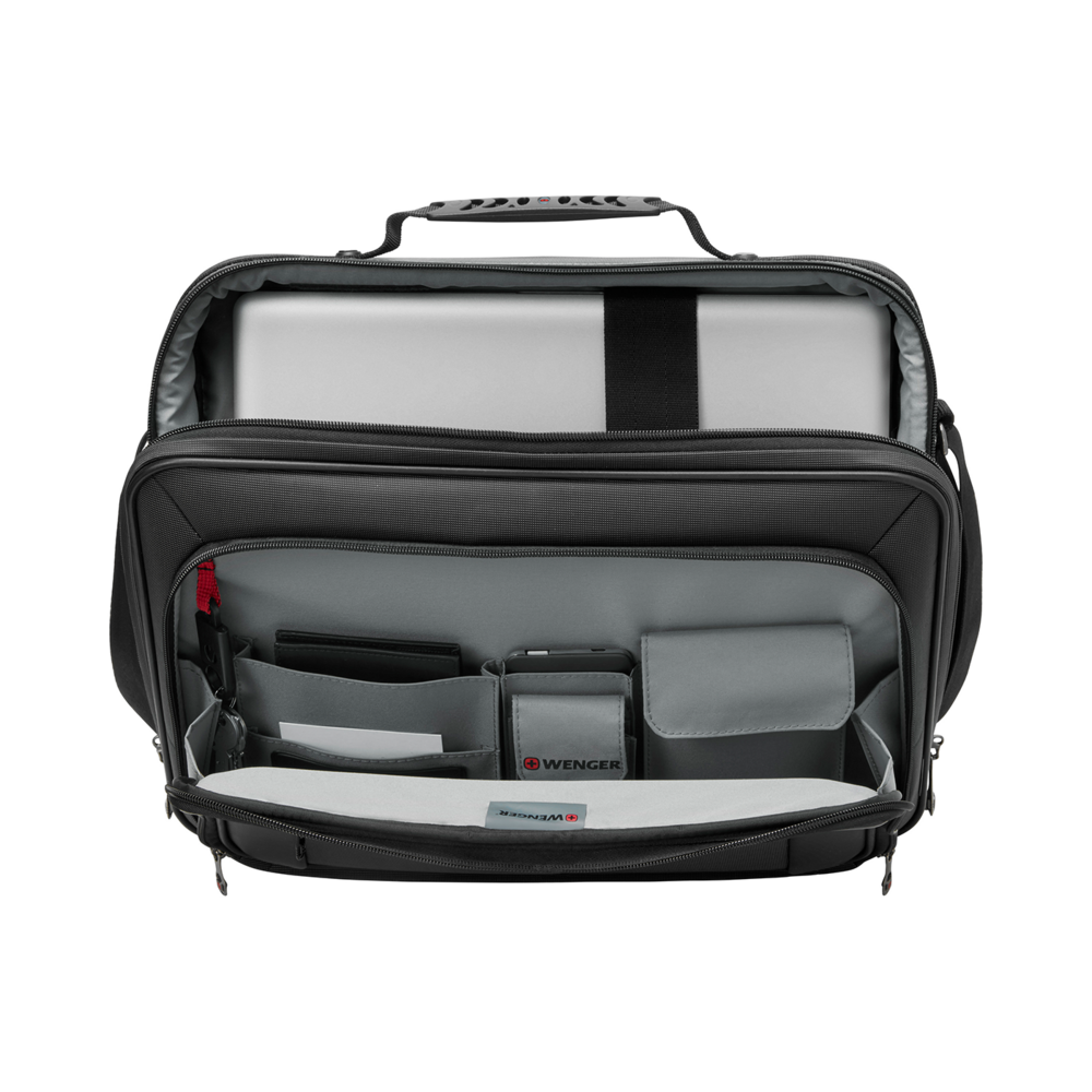 Black briefcase with open zipper, laptop, and various accessories inside the bag.