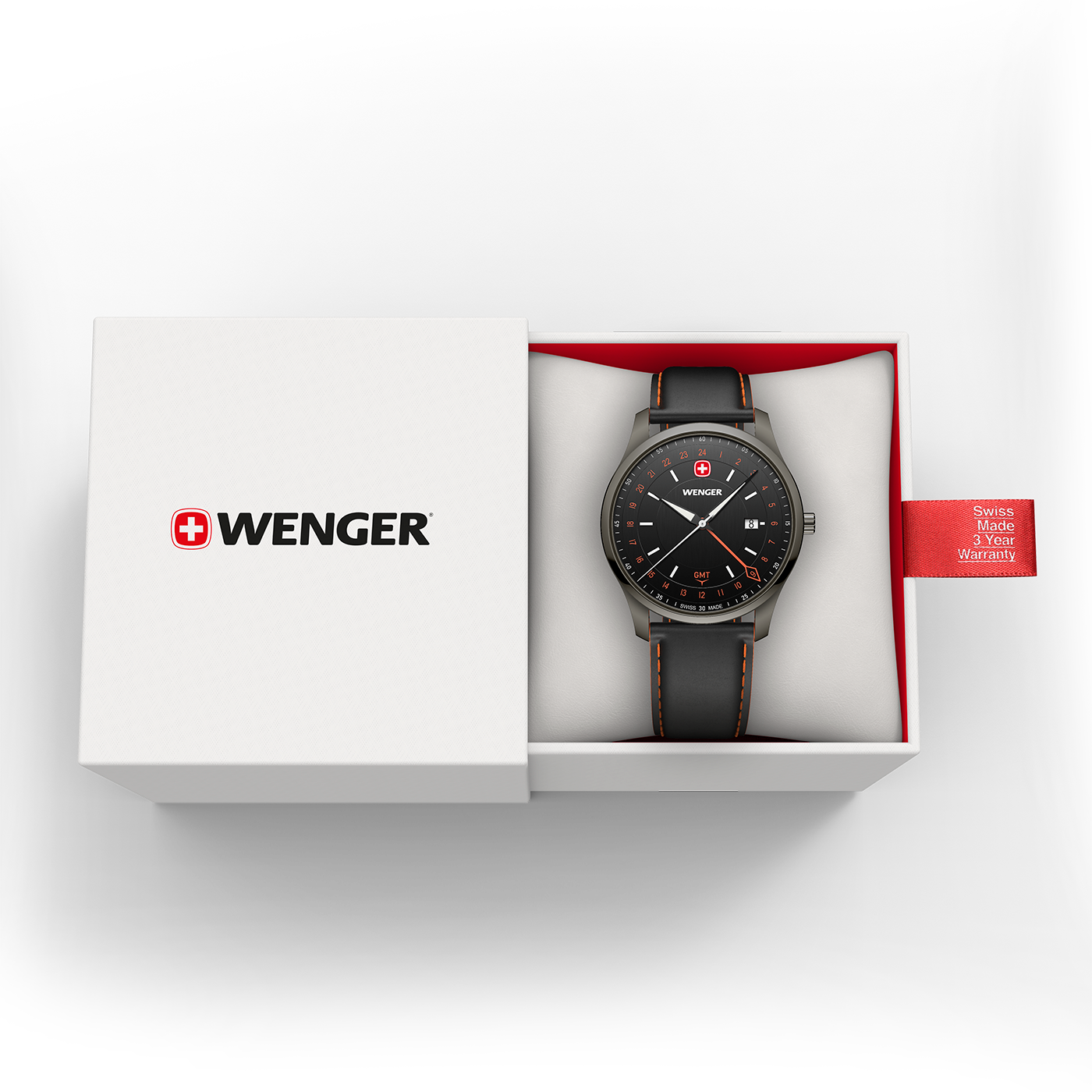 Wenger watch in a white box with red warranty tag, close-up view