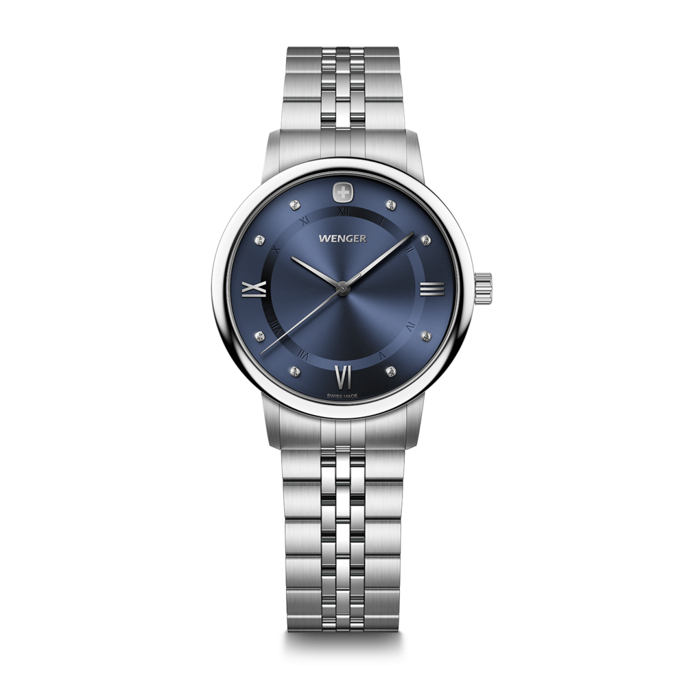 Silver Wenger watch with blue dial and Roman numerals.