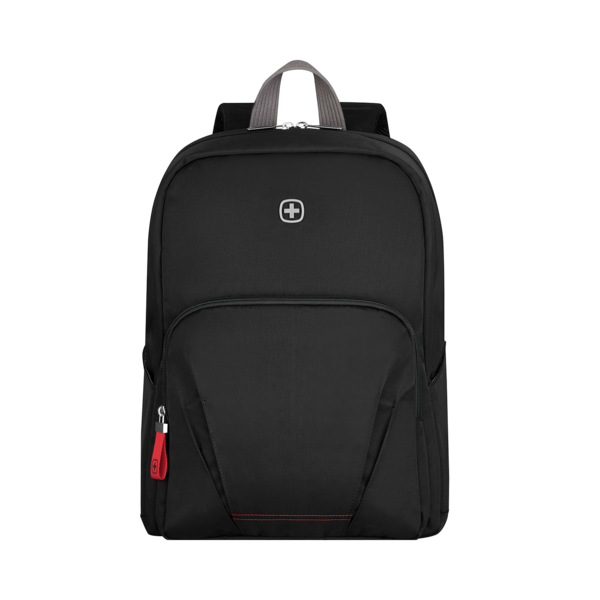 Black backpack with red zipper and logo on a black background, perfect for travel.
