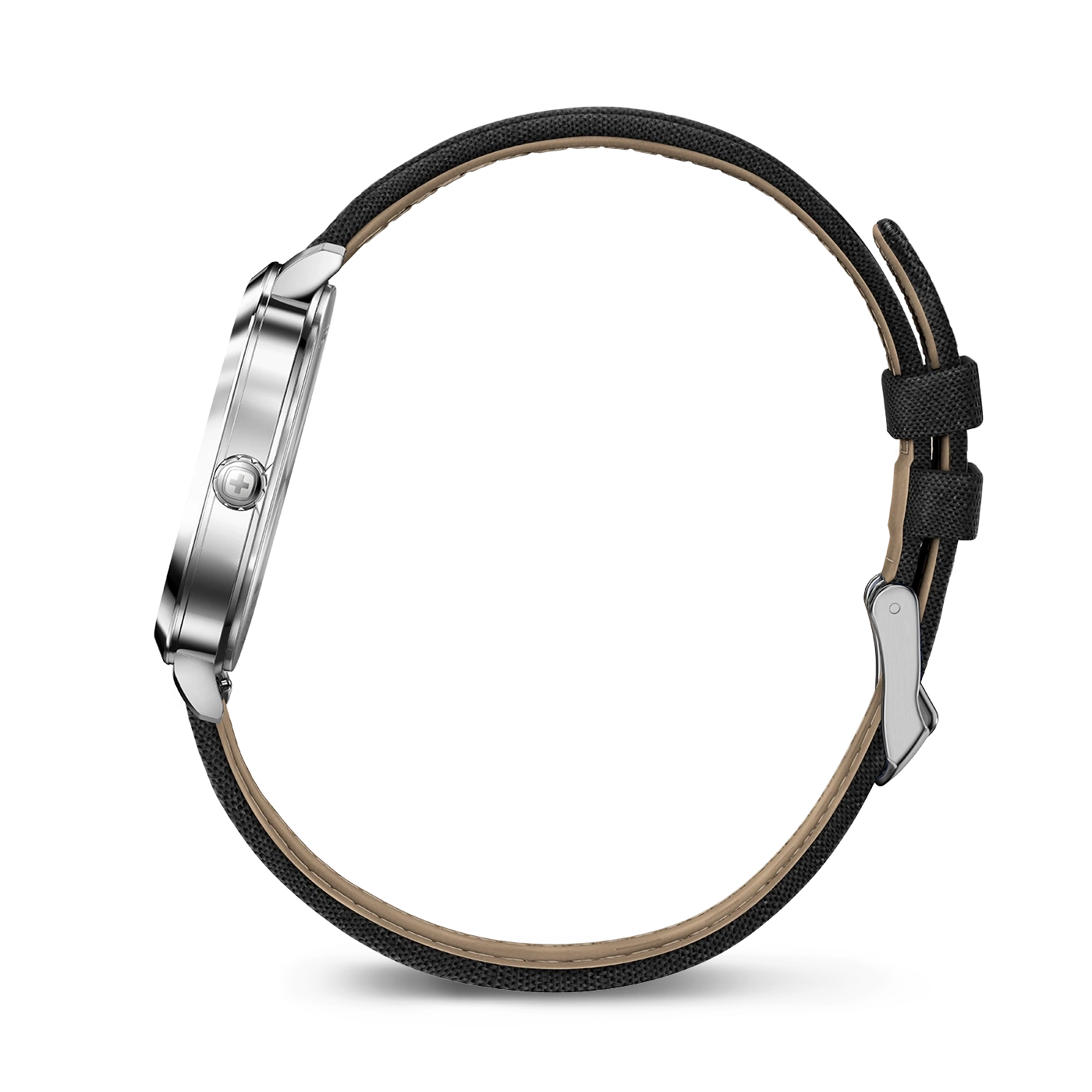 Side view of a watch with a black strap, silver case, close-up shot, detail