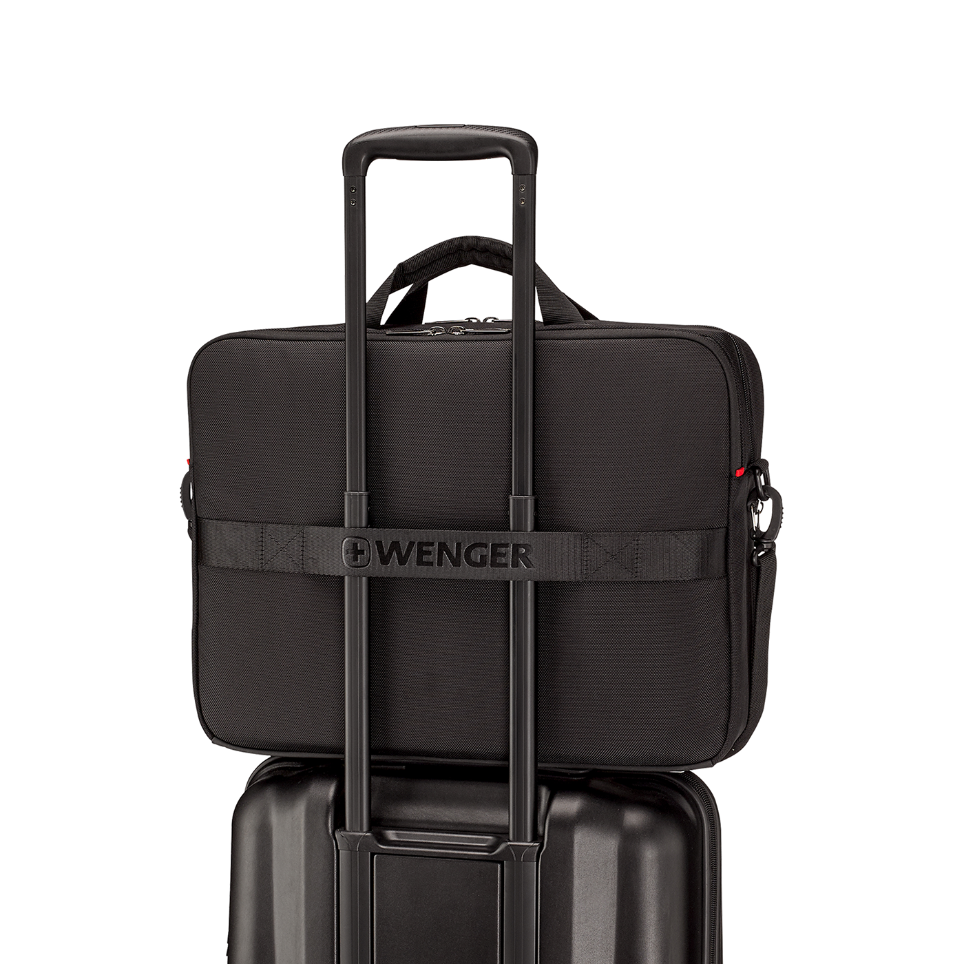 Black briefcase on a suitcase with a retractable handle, brand Wenger.