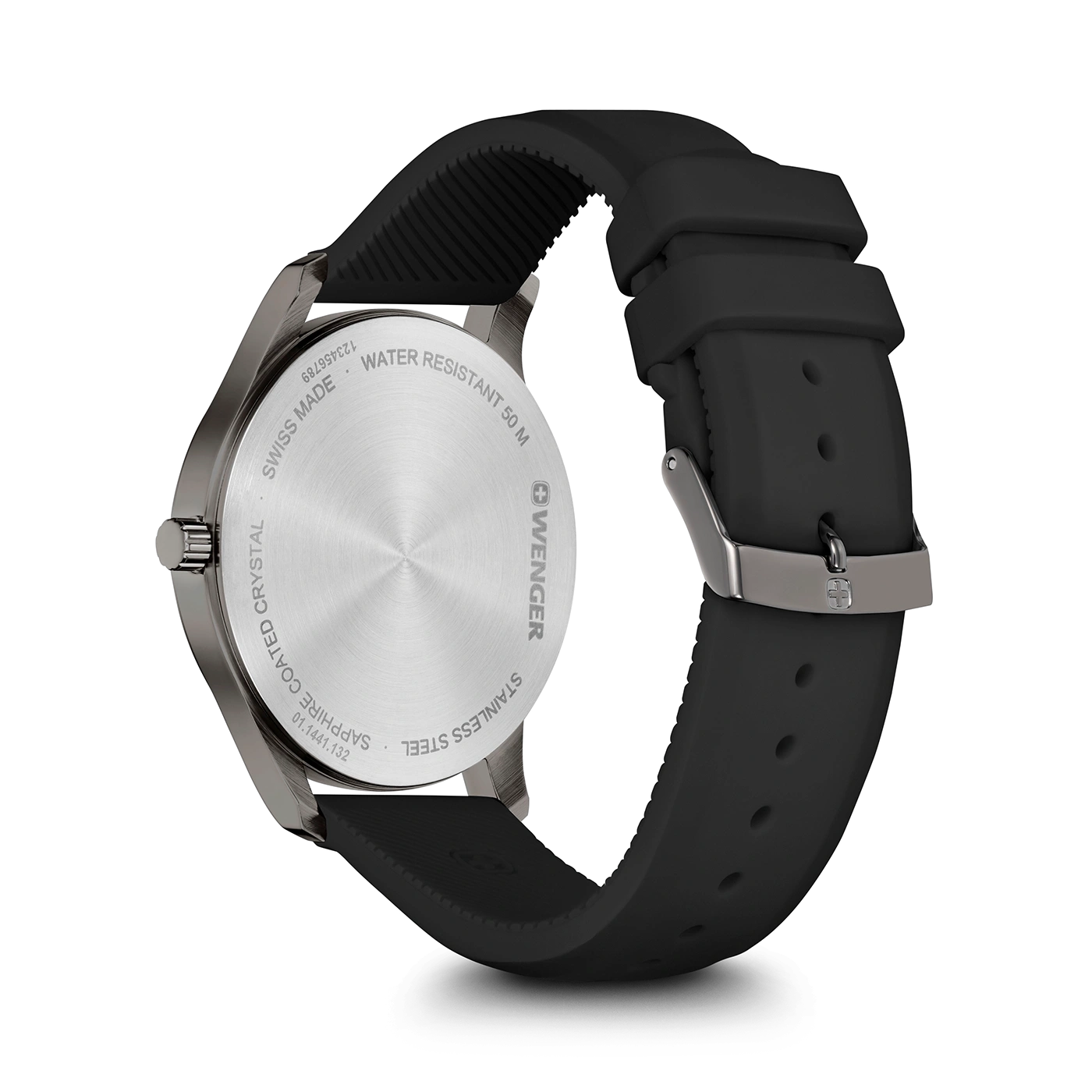 Wenger watch back, stainless steel, waterproof, black strap, close-up detail shot.
