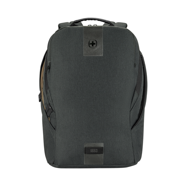 Dark gray backpack with logo and year. Luggage for travel and everyday use.