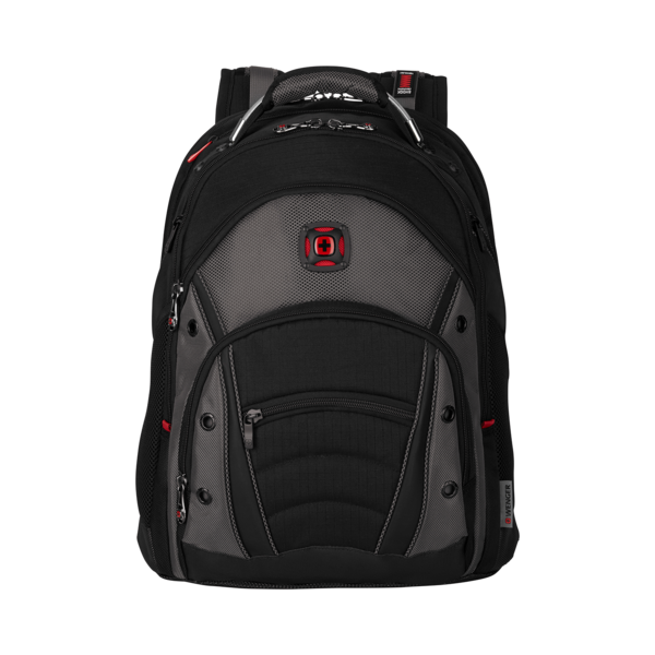 Black backpack with red accents and logo isolated on a black background.