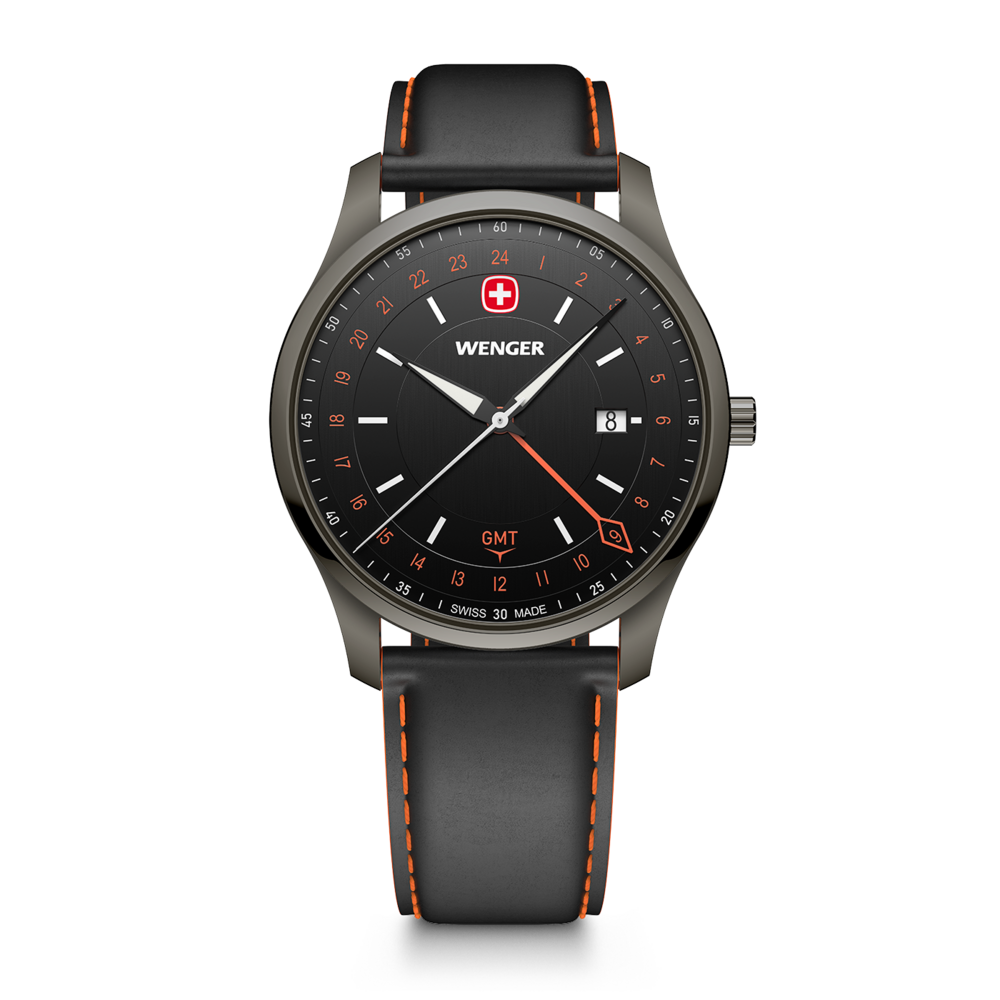 A black Wenger men's wristwatch with orange stitching and GMT function.