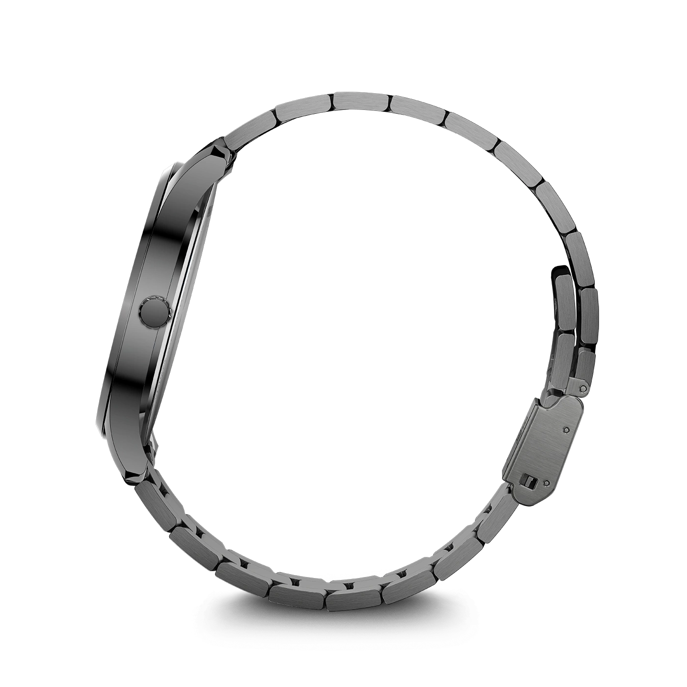 A close-up of a silver watch with a band on a white background.