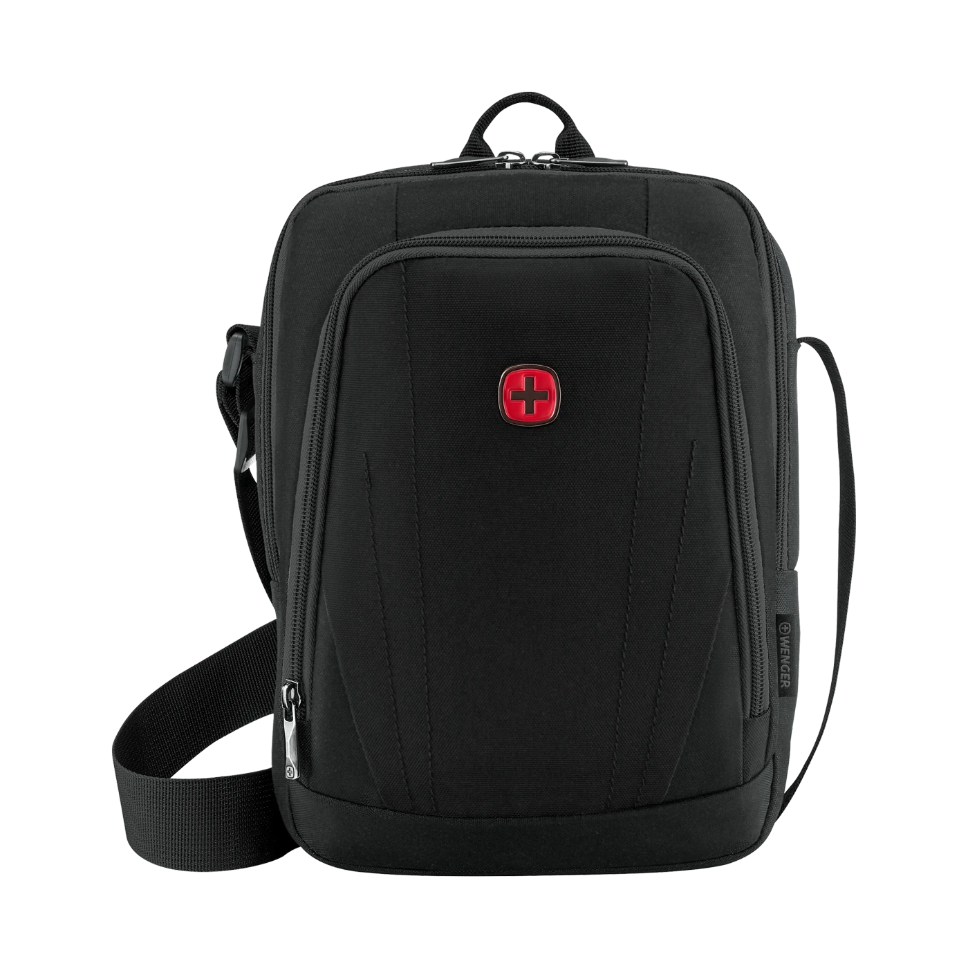 Black shoulder bag with red cross logo, Wenger brand, zipper, shoulder strap