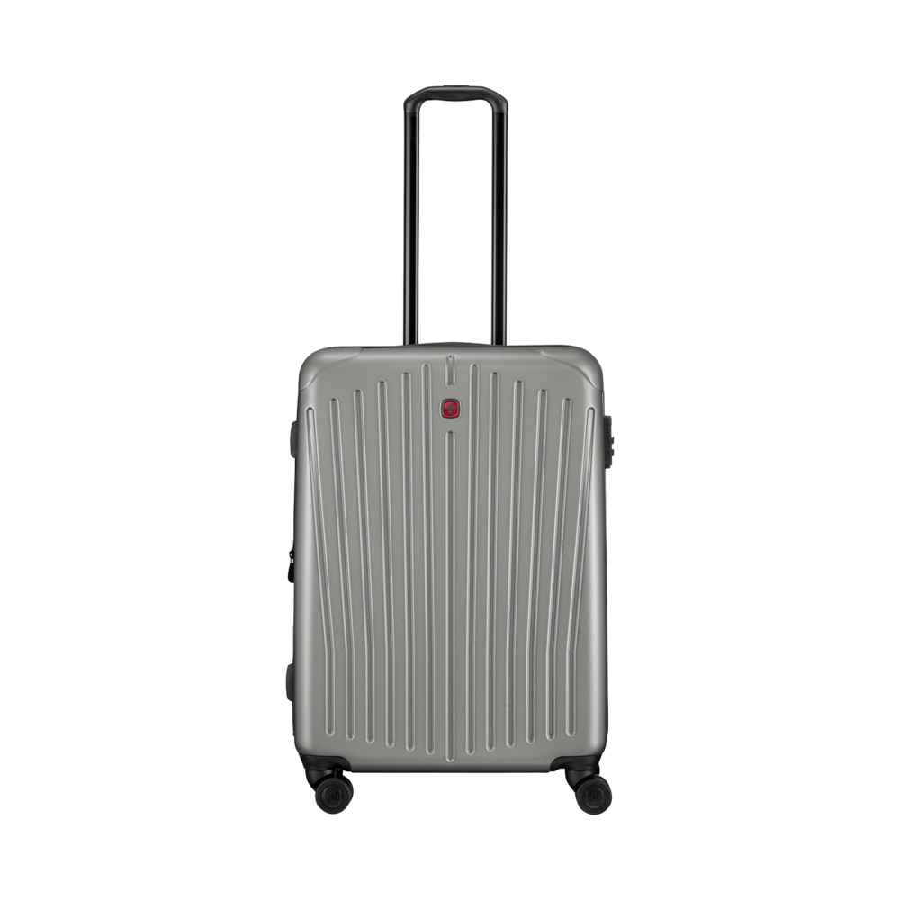 Silver suitcase with retractable handle and wheels on a white background