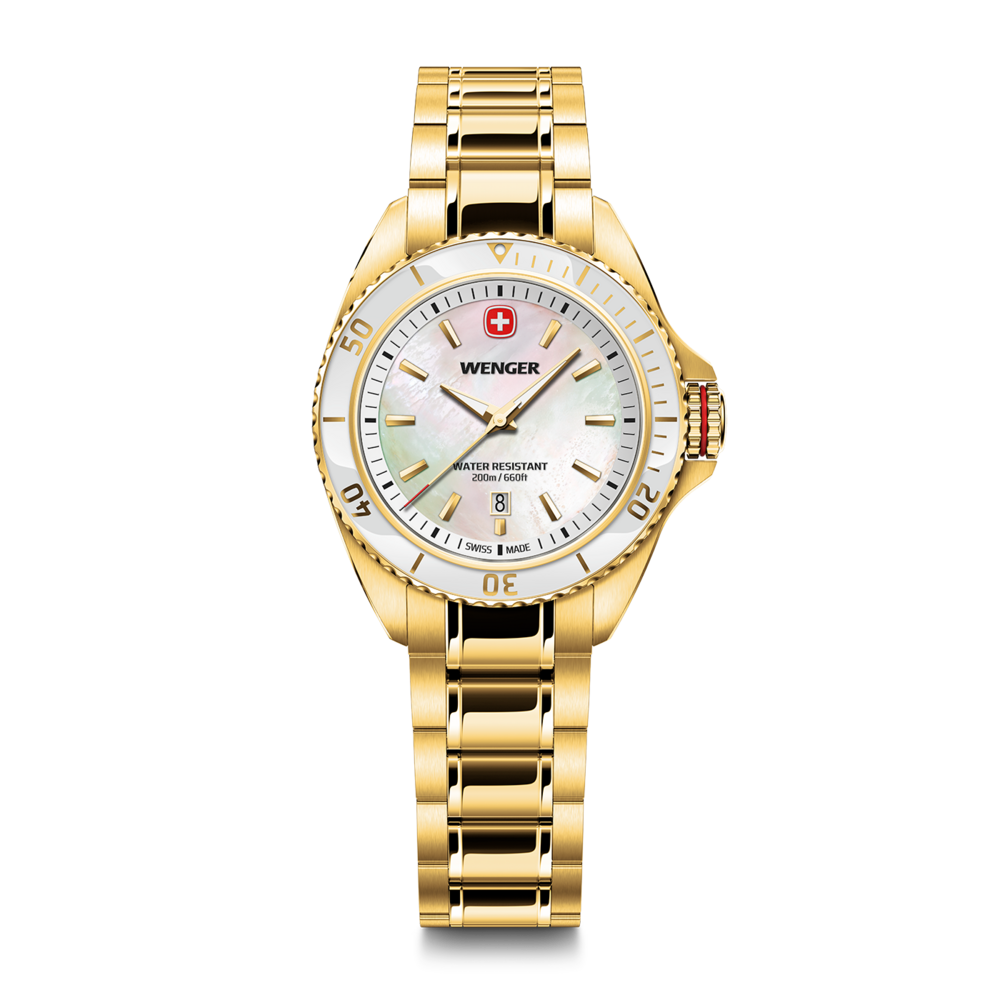 Gold Wenger watch with white dial and date, water resistant 200m.