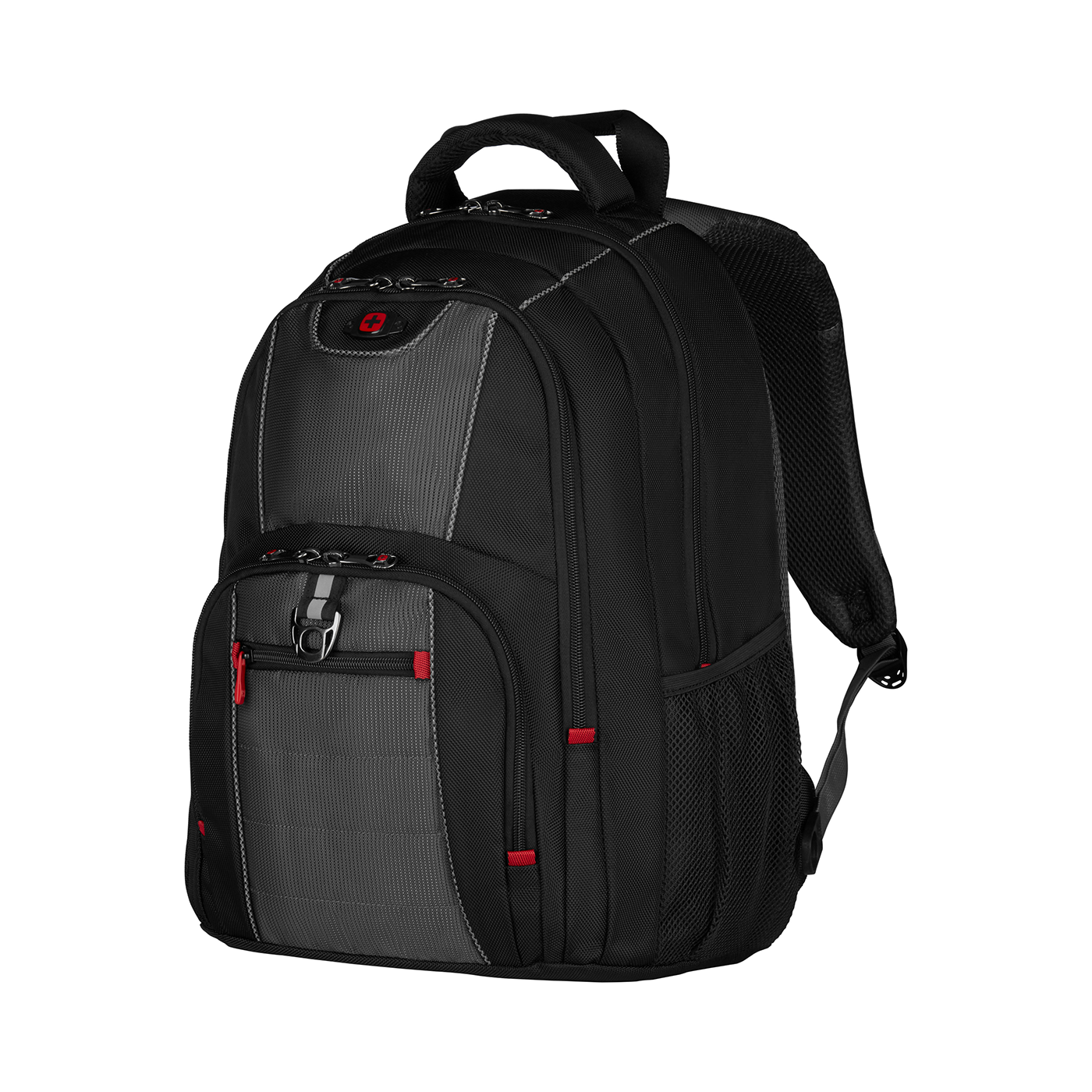 Black backpack with red accents and Swiss cross logo on a black background