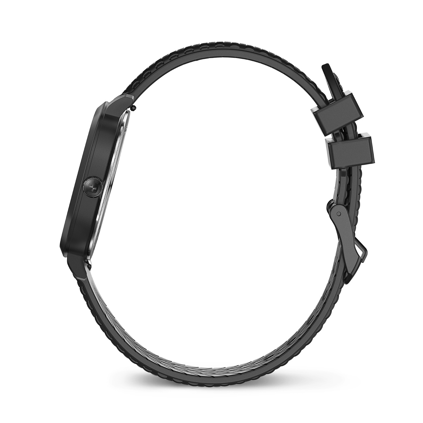 Black watch with black strap, side view, close-up, modern design, elegant accessory