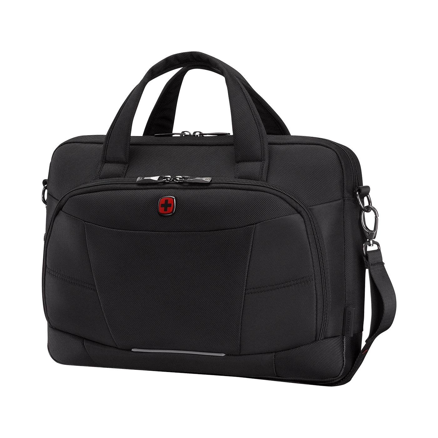 Black briefcase with handles and shoulder strap, Swiss cross logo on front