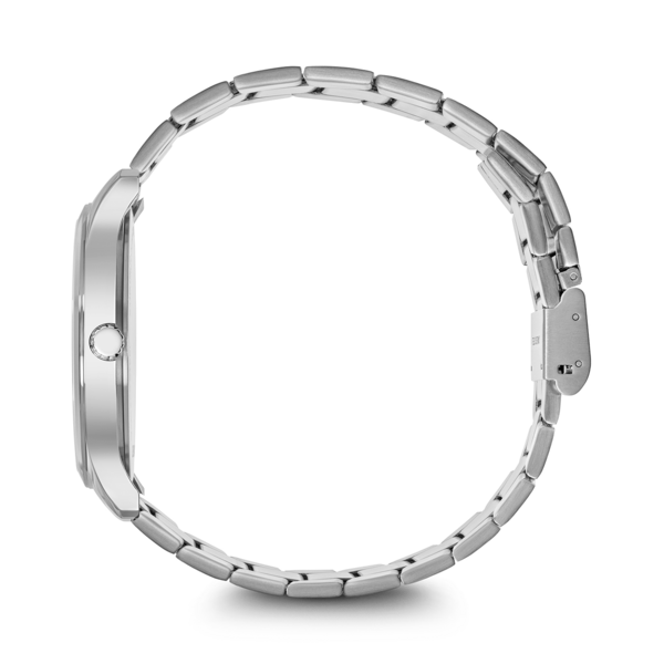Silver watch with metal band, side view, black background, close-up detail
