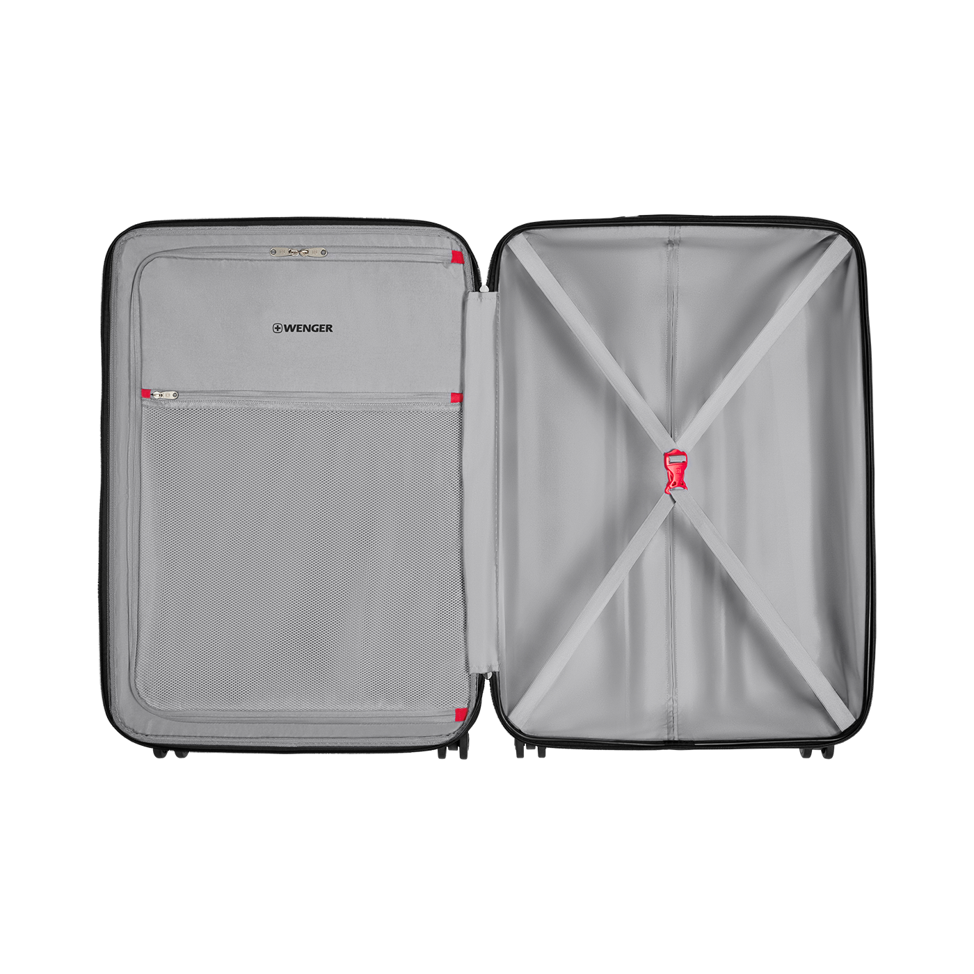 Open suitcase with gray interior, red accents, and WENGER logo on the left side.