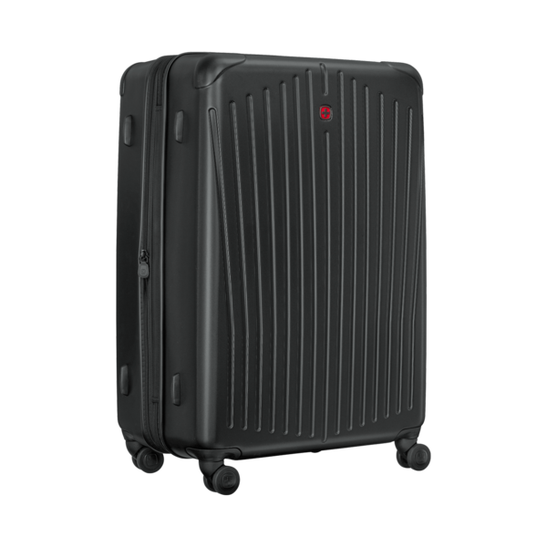 Black suitcase with vertical lines and wheels, isolated on black background.