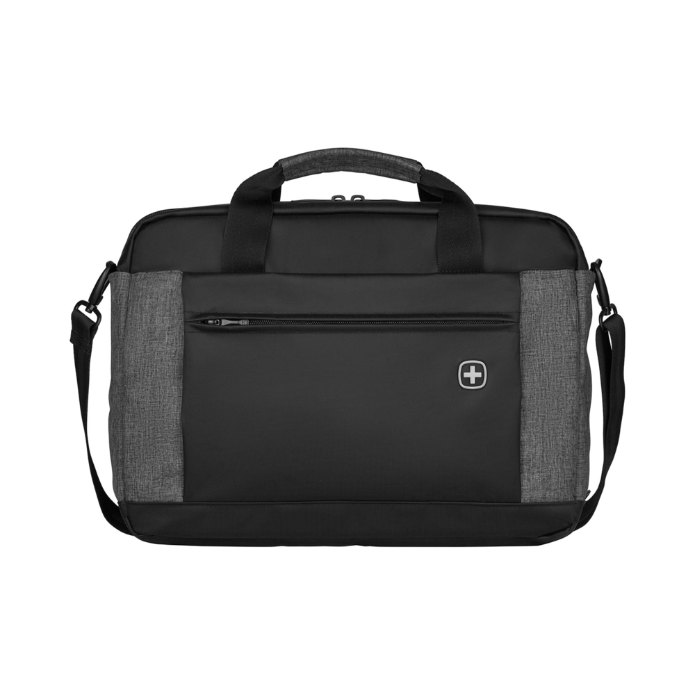 Black briefcase with gray fabric and zipper, Swiss cross logo on the front