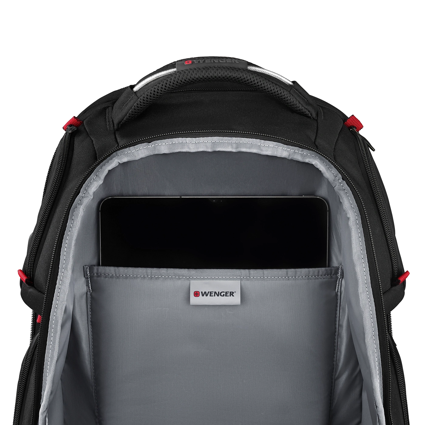 Black backpack with tablet and Wenger logo, open, close-up shot.