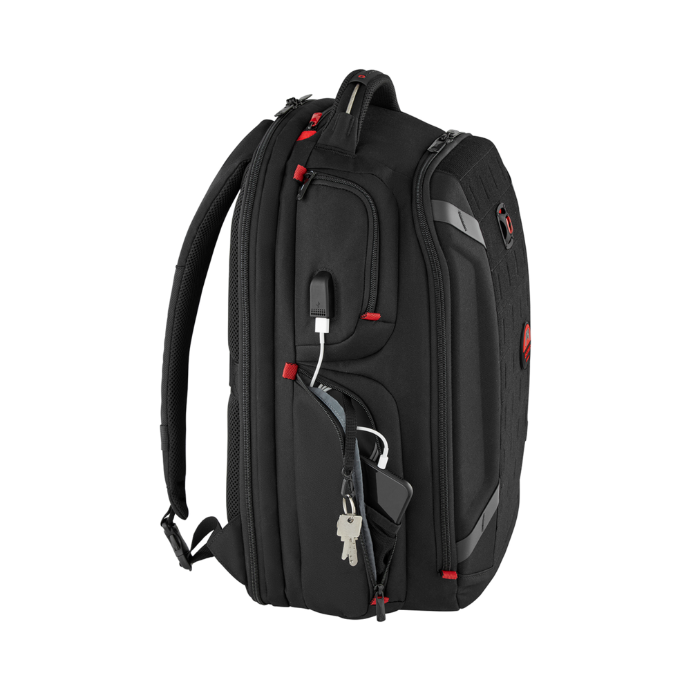 Black backpack with red accents, USB port, and a pocket holding a smartphone and keys.