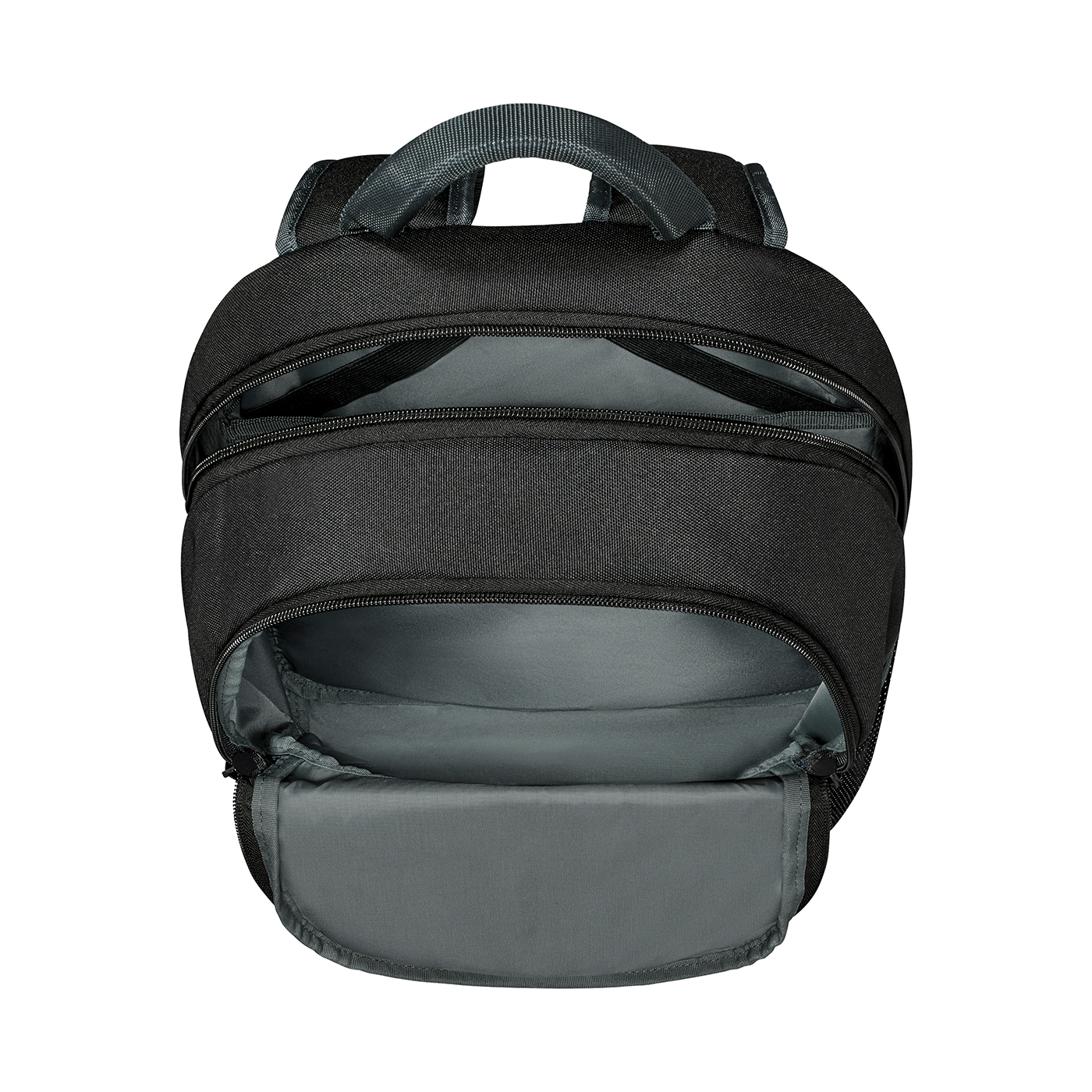 Black backpack with open zippers, interior lining, handle, and multiple pockets